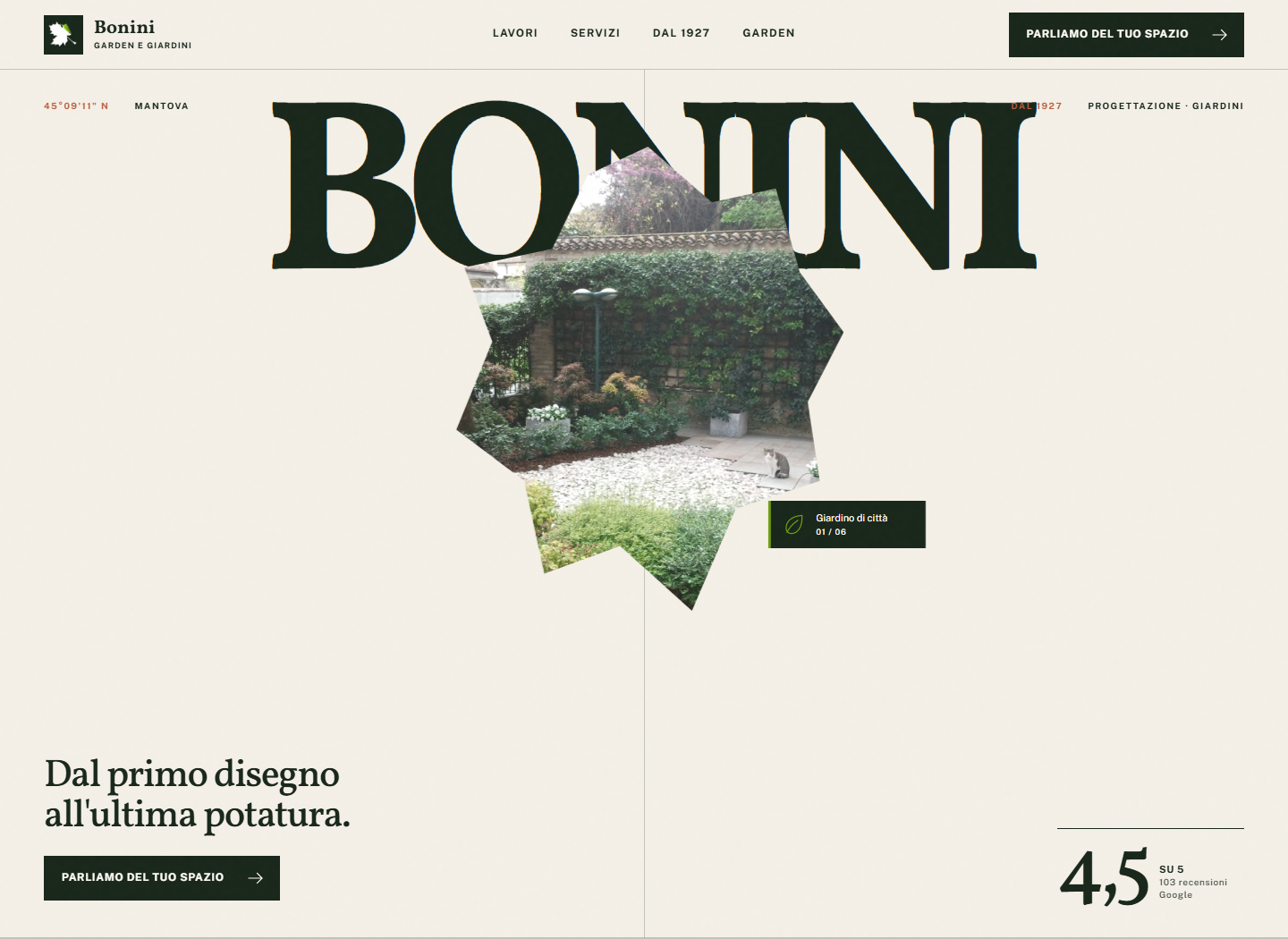 Homepage desktop del progetto Bonini Garden